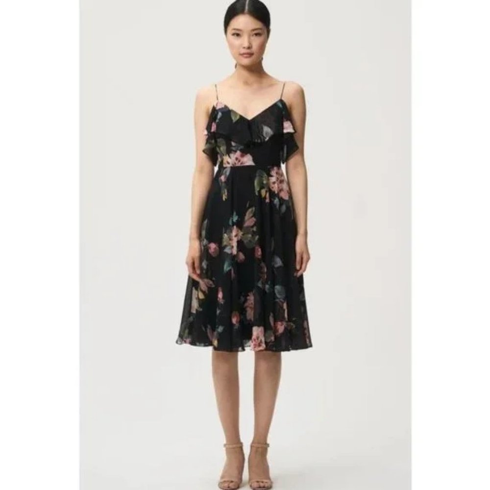 Jenny Yoo Dress 2 Black Floral Chiffon A-Line Formal Midi Cold Shoulder